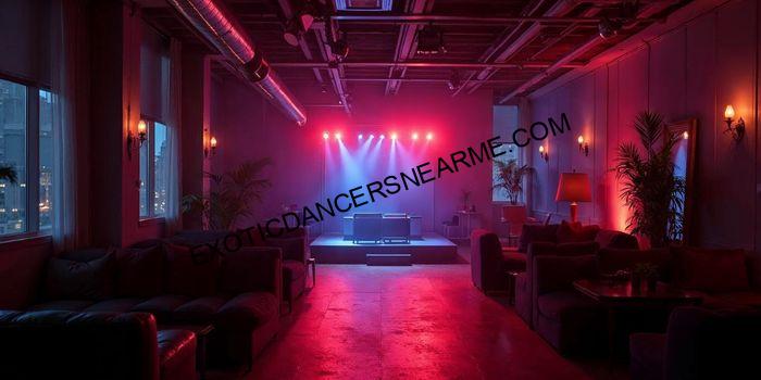Private exotic party entertainment setup with mood lighting and stage area